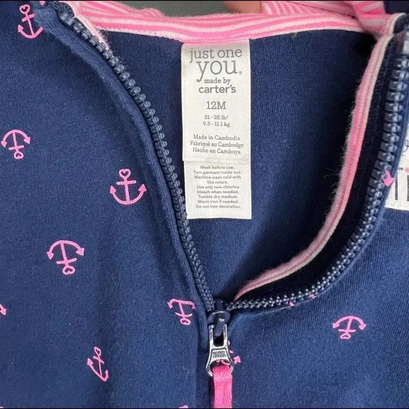 Just one You by Carter’s full zip hoodie Navy with anchor print, Size 12 months - Picture 3 of 5